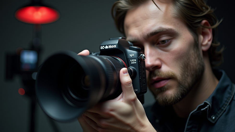 Eye-level view of a professional photographer adjusting camera settings in a studio
