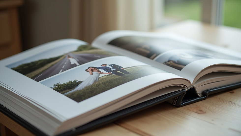 Close-up view of a wedding album with beautifully edited photos