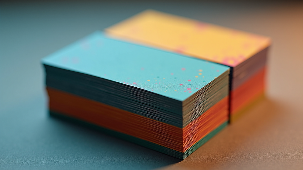 Eye-level view of a stack of colorful unique business cards with various textures