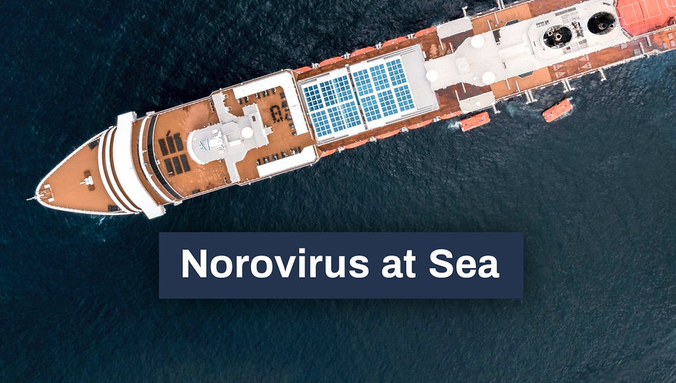 Aerial view of a cruise ship at sea with "Norovirus at Sea" text overlay. The ship has multiple decks and is surrounded by dark water.