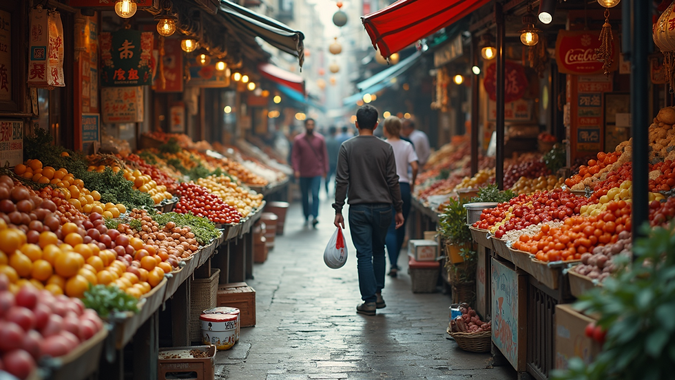 Wide angle view of a bustling marketplace with diverse product offerings