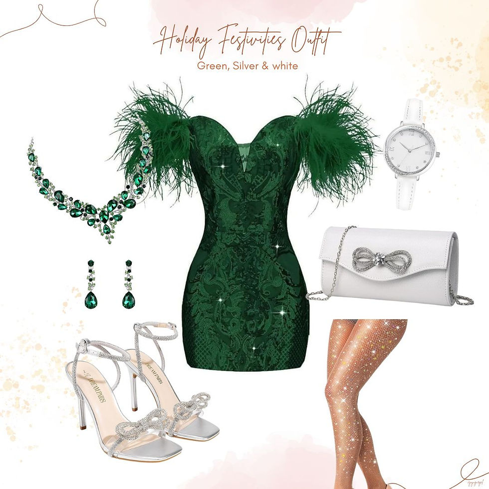 Holiday festivities outfit in green, white and silver.
