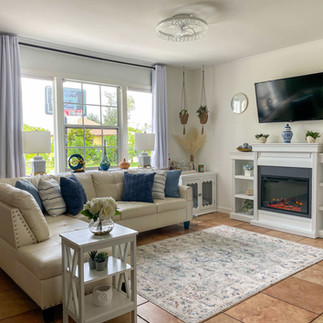 Living room design in blue and white