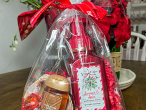 Tall cellophane bag with soap + sanitizer + chocolate