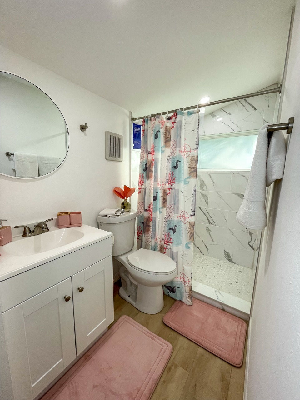 Minimal bathroom with pink bath mat in tiny home