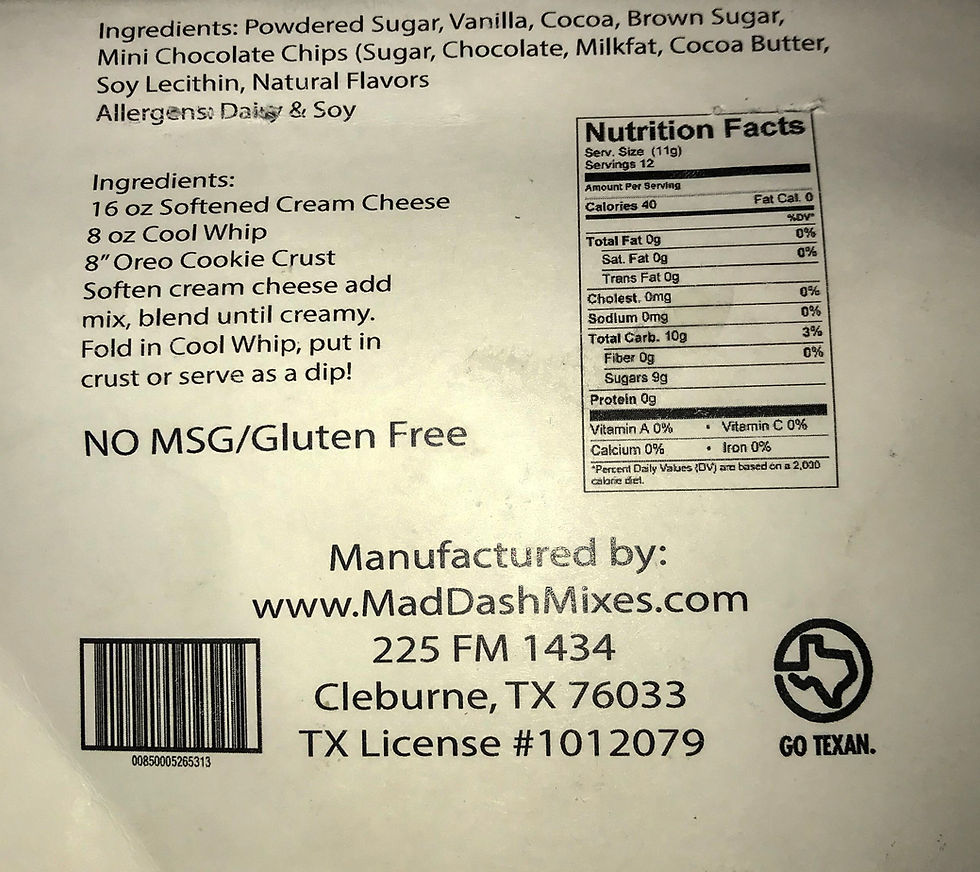 No bake chocolate chip cheesecake mix Information and nutritional fact