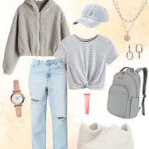 Amazon Fashion Finds Neutral Winter outfit Gray and white with a hint of blue jeans.