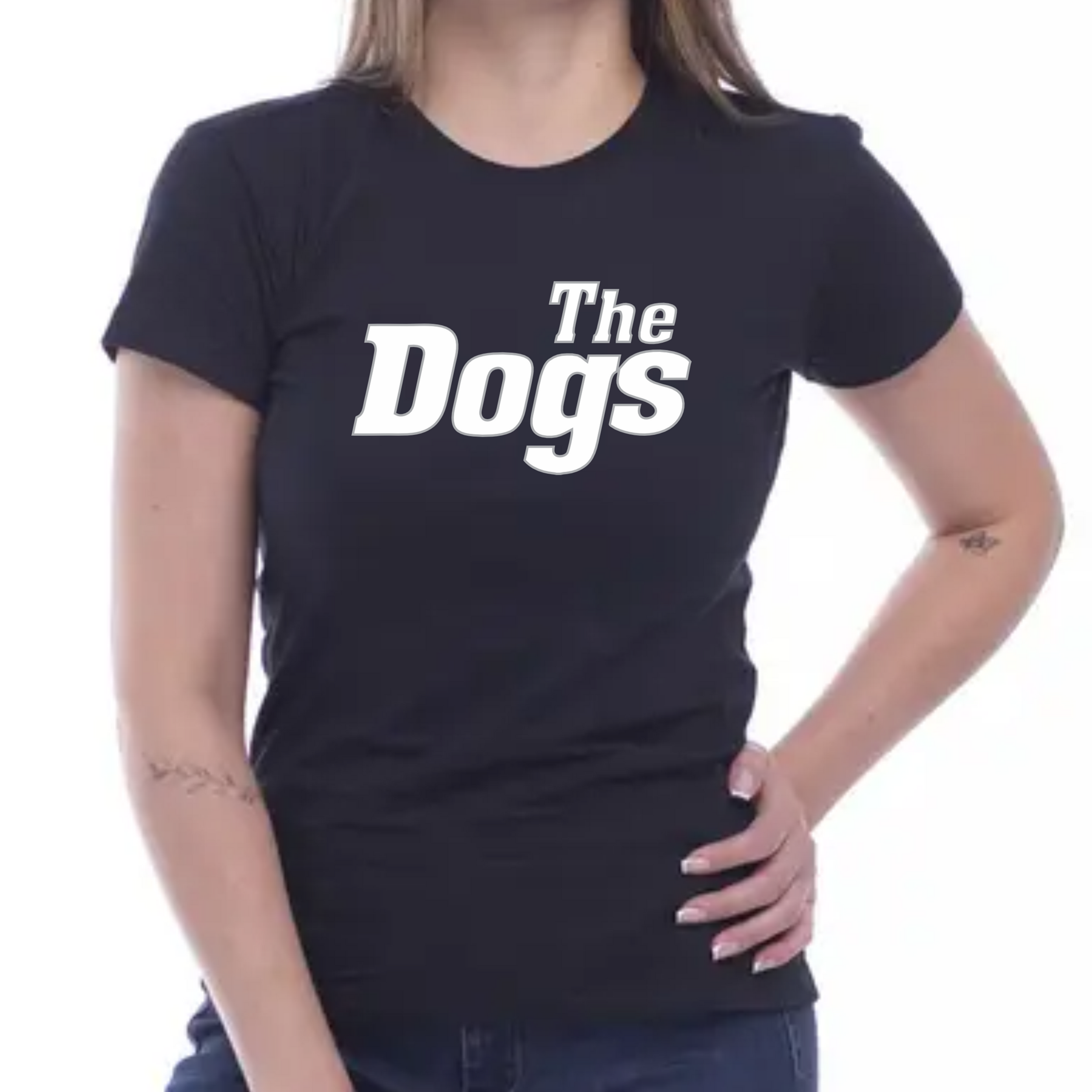 Camiseta feminina baby look preta / logo branco reflexivo