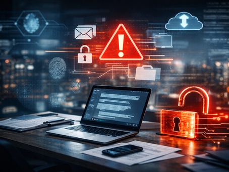 Cybersecurity concept showing AI workplace risks with laptop, warning symbol, and data security icons representing Shadow AI and business data exposure