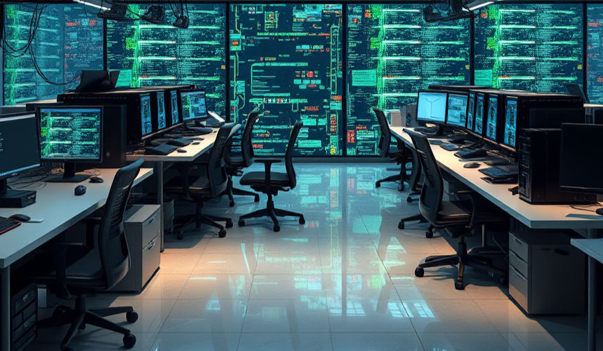 Futuristic control room with multiple computers on desks, large screens displaying green code on walls. Reflective floor, tech-focused atmosphere. JDInet
