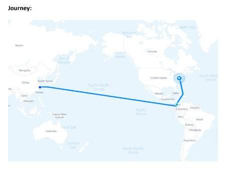 This is a map of the long trip the vessel Triumph Ningbo took to get to America.