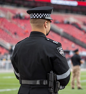 security in a black and grey uniform with Redd alert on it spelled correctly controlling