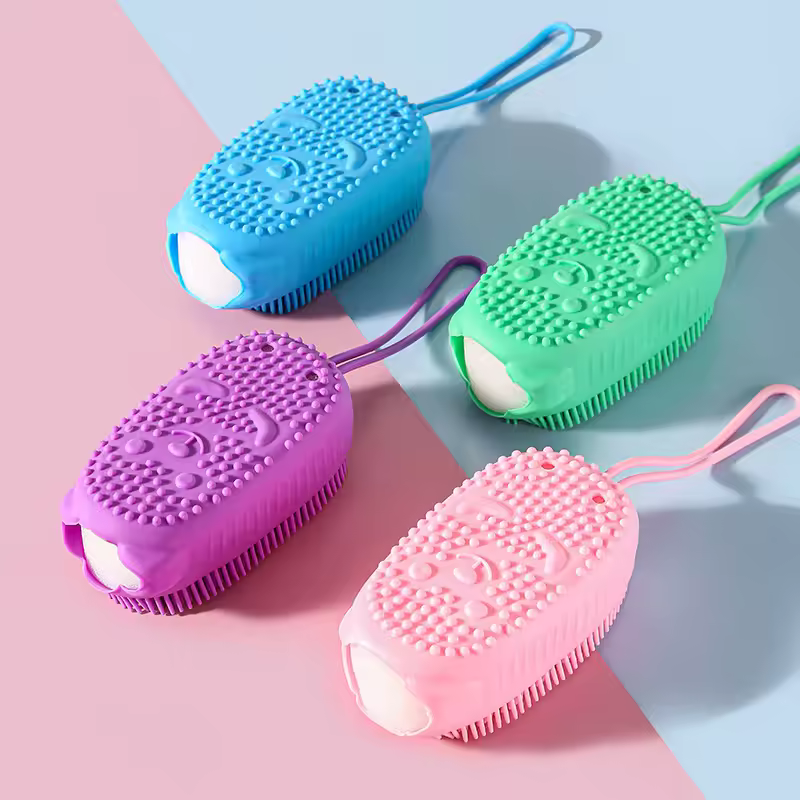 Miniatura: Escova de silicone dupla face, esfoliante, macia, para banho, massagem profunda 