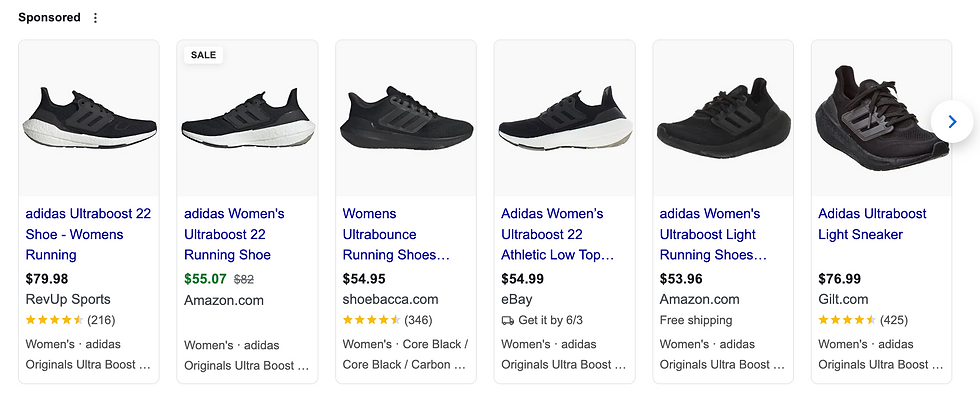 Shopping ad carousel displaying various black Adidas women’s running shoes, including Ultraboost 22 and Ultraboost Light models, with prices ranging from $53.96 to $79.98. Sellers include Amazon, eBay, RevUp Sports, shoebacca.com, and Gilt.com, with some listings showing discounts, star ratings, and product details.
