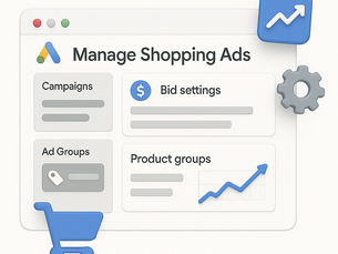3D illustration of a Google Ads “Manage Shopping Ads” interface with sections for Campaigns, Ad Groups, Bid settings, Product groups, an upward-trending performance chart icon, a gears icon, and a shopping cart icon on a transparent background.
