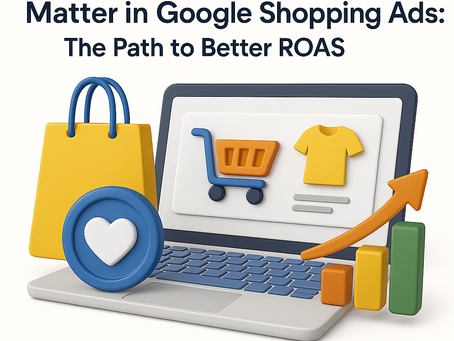 A 3D illustration for an article titled "Why Micro Conversions Matter in Google Shopping Ads: The Path to Better ROAS" showing a laptop displaying a shopping cart and yellow t-shirt product, accompanied by a yellow shopping bag, blue heart icon representing engagement, and a colorful bar graph with upward arrow indicating improved performance metrics.