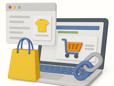 Alt text: "3D illustration showing seamless e-commerce experience concept: a product page with yellow t-shirt on screen connects to a shopping cart page on a laptop. A yellow shopping bag sits beside the computer, and a blue and white link symbol represents connection between shopping interfaces.