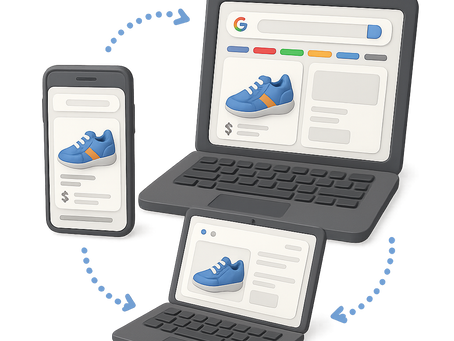 Alt text: A 3D illustration showing cross-device product remarketing in e-commerce. The image displays the same blue athletic shoe with an orange stripe appearing on three connected devices: a smartphone (left), a laptop showing a Google search page (top right), and a smaller laptop (bottom). Blue dotted arrows connect the devices in a circular pattern, representing how product ads follow users across different platforms and devices. This visualizes the concept of remarketing or retargeting in digital advertising, where previously viewed products reappear as users browse across multiple devices.