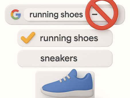 A 3D illustration of Google search results showing negative keyword functionality. The top search bar shows "running shoes" with a red prohibition symbol, indicating it's blocked as a negative keyword. Below it, "running shoes" appears with a green checkmark, and "sneakers" is shown as an alternative search term. At the bottom is a blue athletic shoe icon, representing the product being advertised in Google Shopping.