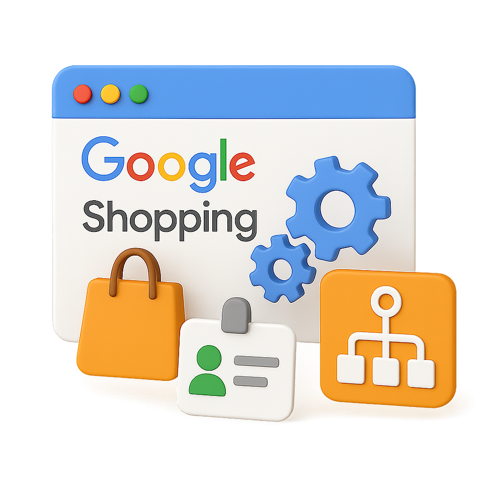 3D illustration of a Google Shopping browser window with an orange shopping bag, blue gears, and an orange flowchart icon, symbolizing feed rule automation and structured data handling.