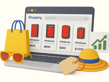 Alt text: A 3D illustration of a laptop displaying a shopping website with "Infralume" red light therapy devices at various price points ($600, $800, $250, $1,000). Surrounding the laptop are summer-themed items: a yellow shopping bag with blue handles, yellow sunglasses with orange lenses, a yellow and blue sun hat, a price tag, and a green ascending graph chart showing growth. The browser window has red, yellow, and green navigation buttons at the top.