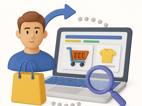 Alt text: "3D illustration of customer shopping journey concept showing a cartoon man with a yellow shopping bag next to a laptop displaying an e-commerce site with a shopping cart and yellow t-shirt. A magnifying glass hovers near the laptop and a blue arrow connects the customer's thinking to the online store, representing the path from shopper to website."