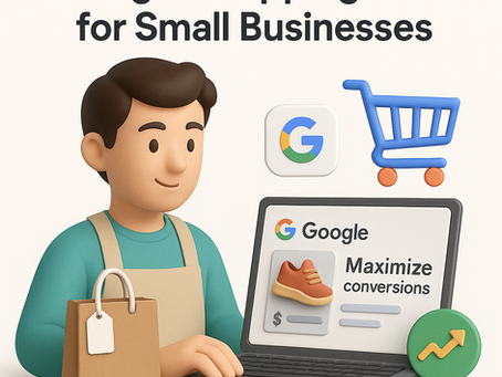 A 3D illustration showing a small business owner in a teal shirt and apron standing next to a laptop displaying Google Shopping Ads with "Maximize conversions" text and a product image. Shopping cart and Google icons float above, with the title "Google Shopping Ads for Small Businesses" at the top. A shopping bag and growth chart icon complete the composition.