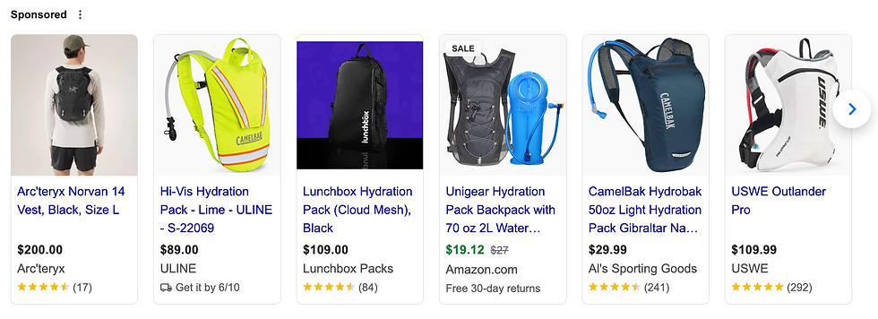 A horizontal carousel of six sponsored shopping ads for hydration packs and vests, each showing a product image, name, price, seller, and star rating (where available). From left to right:
1. Arc’teryx Norvan 14 Vest (Black, Size L) – image shows a person wearing a slim black hydration vest, priced at $200.00 sold by Arc’teryx with a 4.5-star rating (17 reviews).
2. Hi-Vis Hydration Pack (Lime, Model S-22069) – bright lime yellow pack with reflective stripes and drinking tube, priced at $89.00, sold by ULINE, with a “Get it by 6/10” delivery note.
3. Lunchbox Hydration Pack (Cloud Mesh, Black) – sleek black sling-style pack against a blue background, priced at $109.00, sold by Lunchbox Packs with a 4.5-star rating (84 reviews).
4. Unigear Hydration Pack Backpack (70 oz/2 L Reservoir) – dark gray pack with blue water bladder shown alongside it, marked on sale for $19.12 (originally $27.00), sold by Amazon.com with “Free 30-day returns.”
5. CamelBak Hydrobak 50 oz Light Hydration Pack (Gibraltar Navy) – navy blue lightweight vest-style pack with a blue drinking tube, priced at $29.99, sold by Al’s Sporting Goods with a 4.5-star rating (241 reviews).
6. USWE Outlander Pro – white and red streamlined vest-style hydration pack with drinking hose, priced at $109.99, sold by USWE with a 5-star rating (292 reviews).