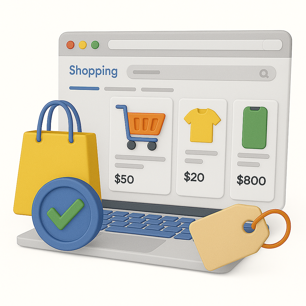 Alt text: A 3D illustration of an online shopping interface displayed on a laptop. The screen shows a shopping website with three product cards: a shopping cart ($50), a yellow t-shirt ($20), and a green smartphone ($800). In front of the laptop is a yellow shopping bag with blue handles, a blue verification checkmark icon, and a beige price tag with an orange ring. The browser window has red, yellow, and green navigation buttons at the top.