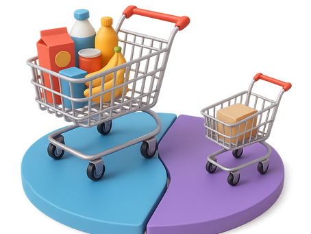 A 3D illustration comparing shopping cart sizes representing different Google Shopping campaign budgets or strategies. A larger shopping cart on a blue platform contains multiple colorful grocery items (bottles, box, banana), while a much smaller cart on a purple platform holds just a single package. The contrasting carts and split circular base suggest different market segments, budget allocations, or the difference between broad and targeted shopping campaign approaches.