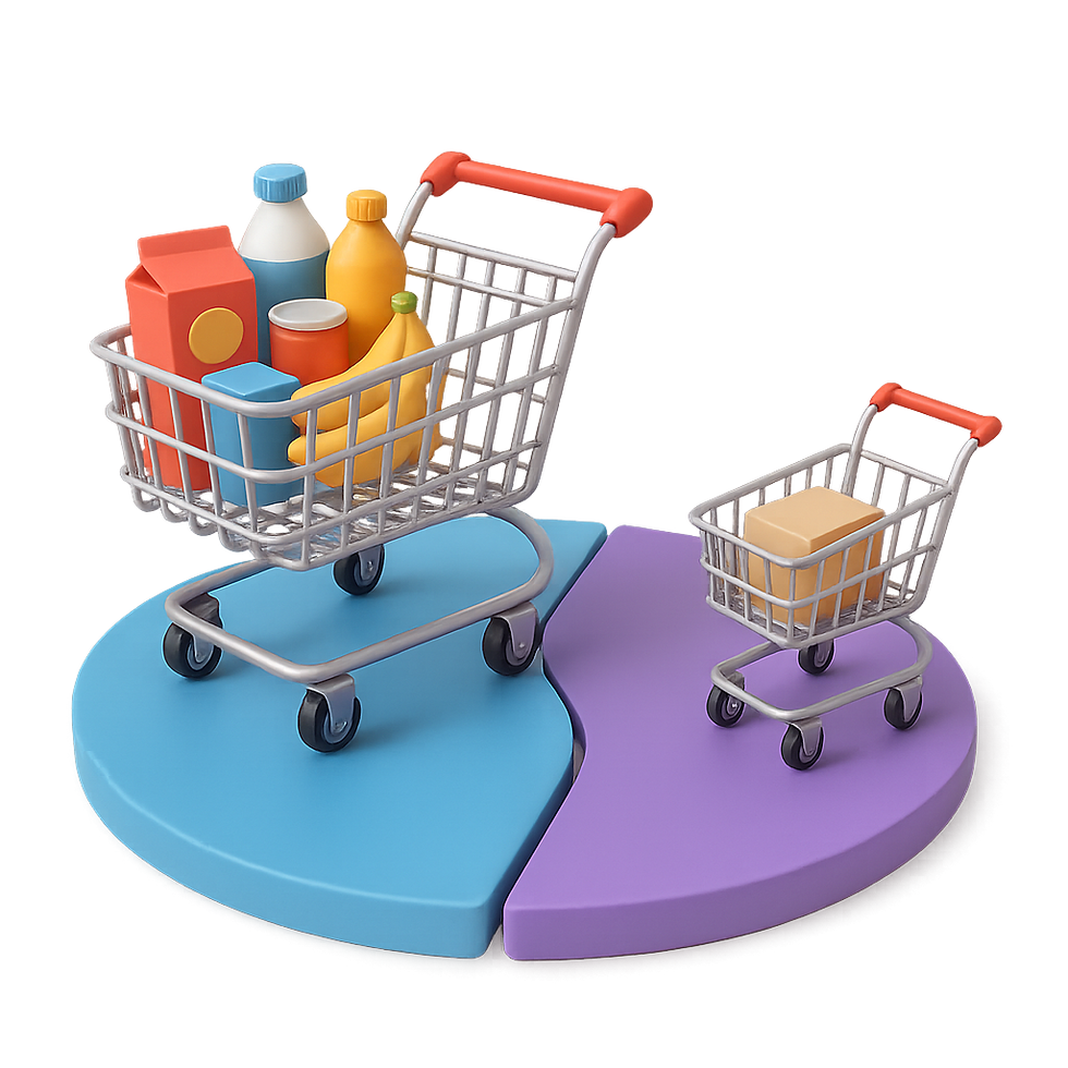 A 3D illustration comparing shopping cart sizes representing different Google Shopping campaign budgets or strategies. A larger shopping cart on a blue platform contains multiple colorful grocery items (bottles, box, banana), while a much smaller cart on a purple platform holds just a single package. The contrasting carts and split circular base suggest different market segments, budget allocations, or the difference between broad and targeted shopping campaign approaches.