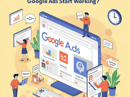ometric illustration of a large computer screen displaying the Google Ads logo and various campaign elements, surrounded by four stylized people interacting with the screen and speech bubbles with text related to setting up and optimizing ads. A large clock is visible in the top right corner, and a smartphone and keyboard are at the bottom. The text "How Long Until Your Google Ads Start Working?" is at the top.