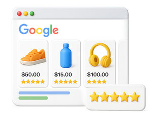 3D illustration of a Google Shopping search results page showing three product ads with prices and five-star ratings, alongside a separate five-star rating badge on a transparent background.