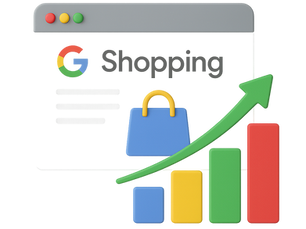 3D illustration showing a Google Shopping browser window with a shopping bag icon, a colorful bar chart, and a green arrow pointing upward, representing campaign structure and ROAS growth.