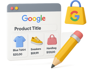 3D illustration of a Google Shopping interface showing a product title input field and product listings for a blue t-shirt ($20.00), yellow sneakers ($59.99), and a pink handbag ($120.00). A yellow pencil icon and a yellow shopping bag with a Google logo are also featured, symbolizing product title optimization for Google Shopping.