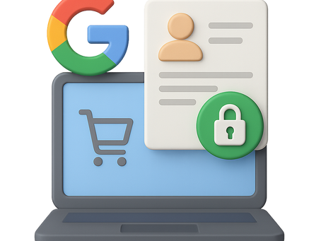 Alt text: A 3D illustration depicting secure e-commerce and user data protection. The image shows a gray laptop computer with a blue screen displaying a shopping cart icon. On top of the laptop are the Google logo and a user profile card with a beige person icon and placeholder text lines. In the bottom right corner of the profile card is a green circular security badge with a white padlock symbol. The composition represents Google's role in protecting user data during online shopping transactions and likely illustrates Google's Enhanced Conversions or similar privacy-focused e-commerce features.