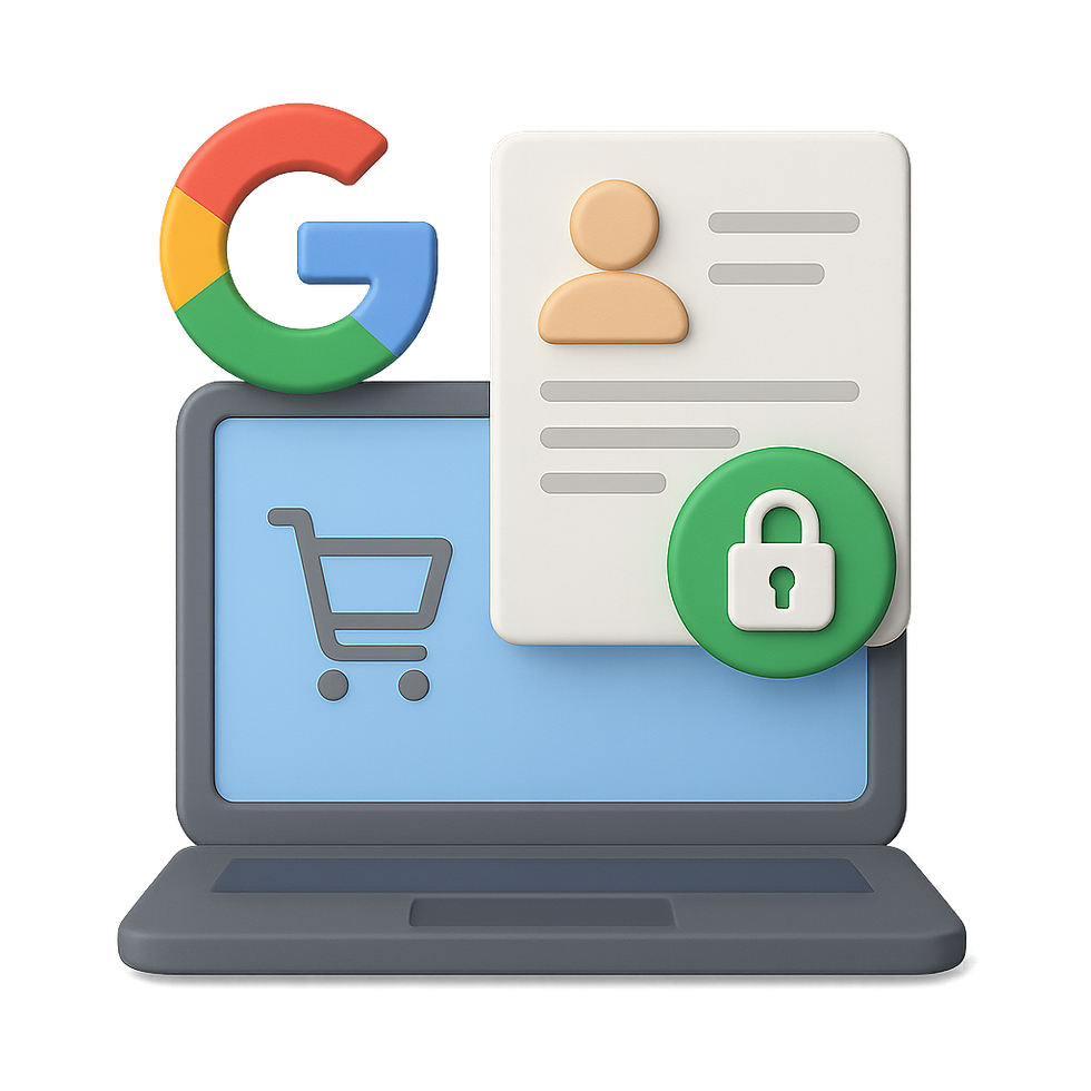 Alt text: A 3D illustration depicting secure e-commerce and user data protection. The image shows a gray laptop computer with a blue screen displaying a shopping cart icon. On top of the laptop are the Google logo and a user profile card with a beige person icon and placeholder text lines. In the bottom right corner of the profile card is a green circular security badge with a white padlock symbol. The composition represents Google's role in protecting user data during online shopping transactions and likely illustrates Google's Enhanced Conversions or similar privacy-focused e-commerce features.