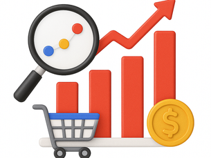 Bar chart with rising red columns, a magnifying glass highlighting colored data points, a shopping cart icon, and a gold dollar coin on a transparent background, symbolizing data-driven tactics to boost sales.