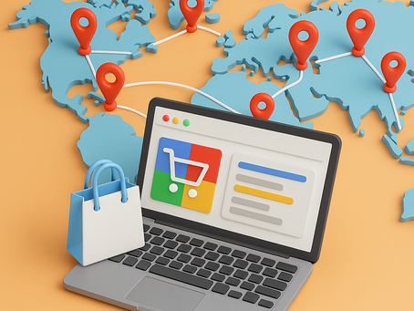 A 3D illustration of global e-commerce with Google Shopping. In the foreground, a laptop displays the Google Shopping interface with its colorful shopping cart logo. Next to it is a blue and white shopping bag. In the background, a light blue world map has multiple red location pins connected by white lines, representing international reach and market targeting capabilities of Google Shopping campaigns across different geographic regions.