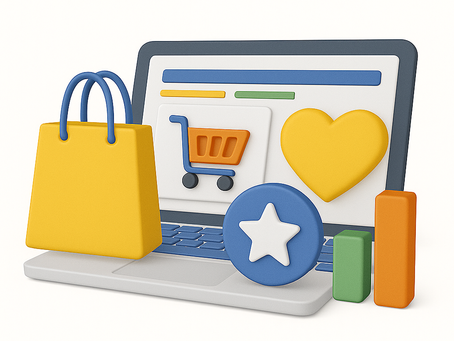 3D illustration of a laptop displaying an e-commerce website with a shopping cart and yellow heart icon. A yellow shopping bag sits to the left of the laptop, while a blue star icon and colorful bar graph elements (green and orange) appear in front. The image represents customer loyalty and online shopping concepts.