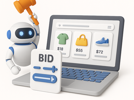 A 3D cartoon illustration showing a cute white and blue robot with glowing blue eyes holding an orange auction gavel. Next to the robot is a laptop displaying an e-commerce shopping page with three products: a green t-shirt ($18), a yellow handbag ($55), and blue shoes ($72). In front of the laptop is a white control panel labeled "BID" with blue slider controls, representing automated bidding in online shopping.