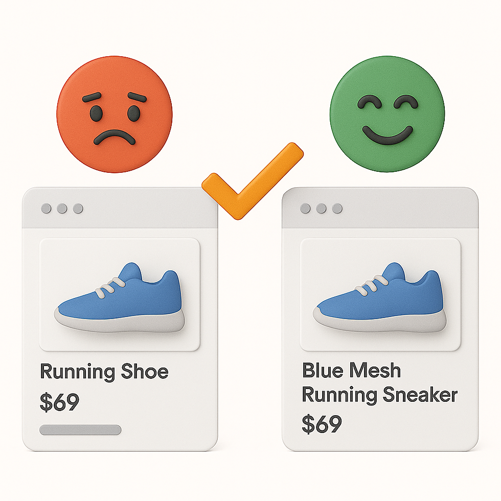 A 3D illustration comparing two product listings for the same blue running shoe. On the left, the generic title "Running Shoe $69" has a sad orange emoji above it with a checkmark indicating this is problematic. On the right, the more specific title "Blue Mesh Running Sneaker $69" has a happy green emoji above it, demonstrating how detailed product titles improve shopping ad performance.