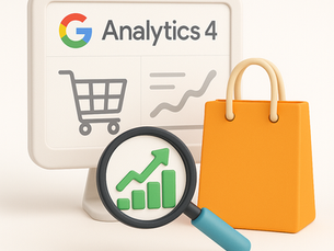 3D illustration of a digital tablet displaying the Google Analytics 4 interface with a shopping cart icon and performance graph. An orange shopping bag and magnifying glass highlighting a green upward-trending bar chart sit in front, symbolizing e-commerce campaign analysis and key insights using GA4.