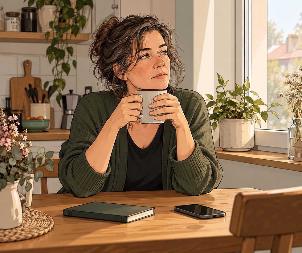 Eine Frau Anfang 50 sitzt am Morgen oder frühen Vormittag an einem Küchentisch. Sie ist bereits angezogen und hält eine Tasse Kaffee oder Tee in den Händen. Vor ihr liegen ein geschlossenes Notizbuch und ein Smartphone, ansonsten ist der Tisch weitgehend aufgeräumt. Sie schaut nachdenklich aus dem Fenster oder leicht ins Leere. Ihr Gesichtsausdruck ist bewusst mehrdeutig: Sie wirkt erschöpft, etwas gedrückt und nachdenklich, aber nicht eindeutig traurig. Die Szene soll offenlassen, ob sie müde, traurig, überfordert oder einfach erschöpft ist.