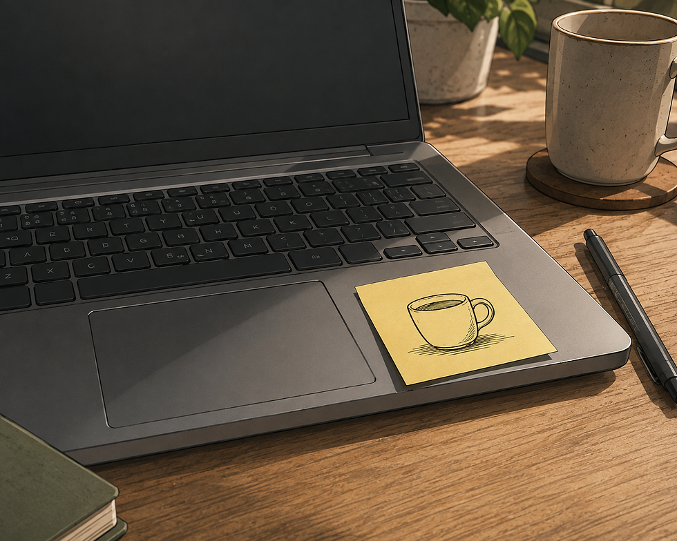 realistische Nahaufnahme eines aufgeklappten Laptops auf einem Schreibtisch. Direkt auf dem Laptop beziehungsweise gut sichtbar neben der Tastatur klebt ein einzelner gelber Post-it. Darauf befindet sich eine einfache handgezeichnete Skizze einer Kaffeetasse