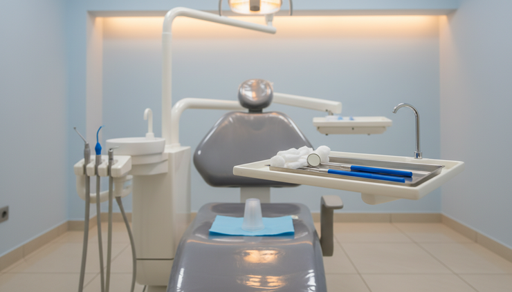 Eye-level view of a clean dental treatment chair prepared for urgent care.