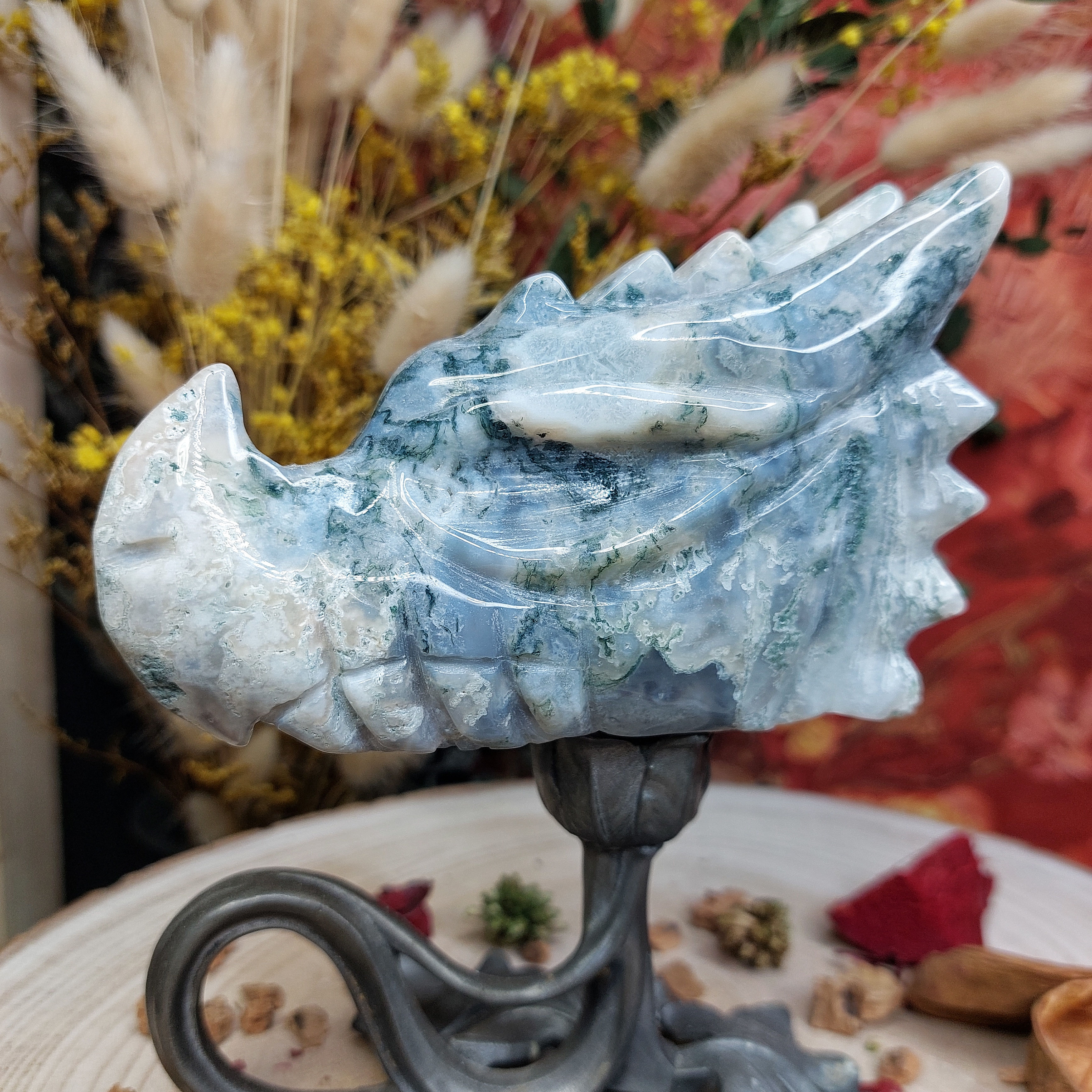 Tête de dragon en agate mousse - AA