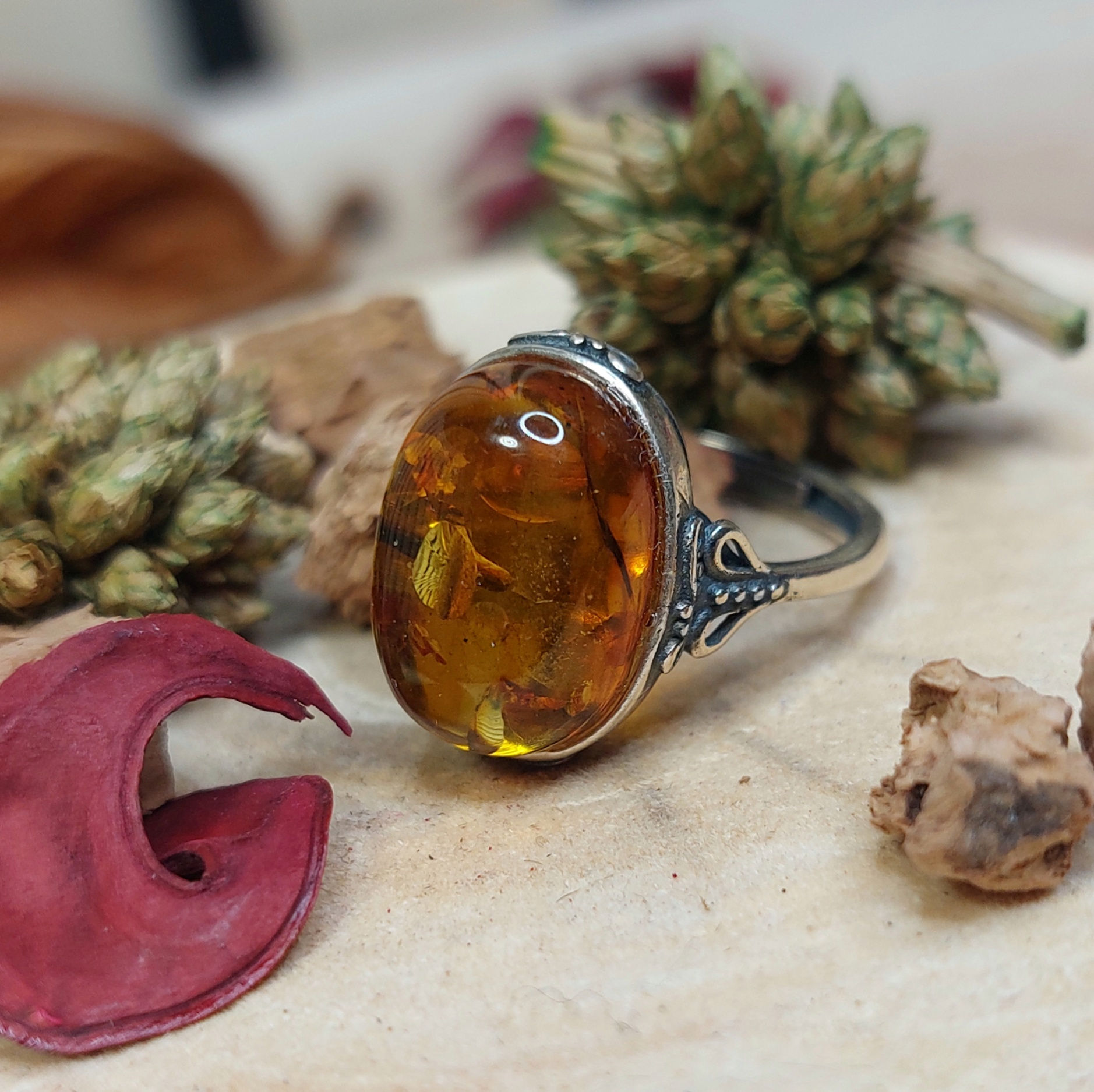Bague Ambre à fleurs
