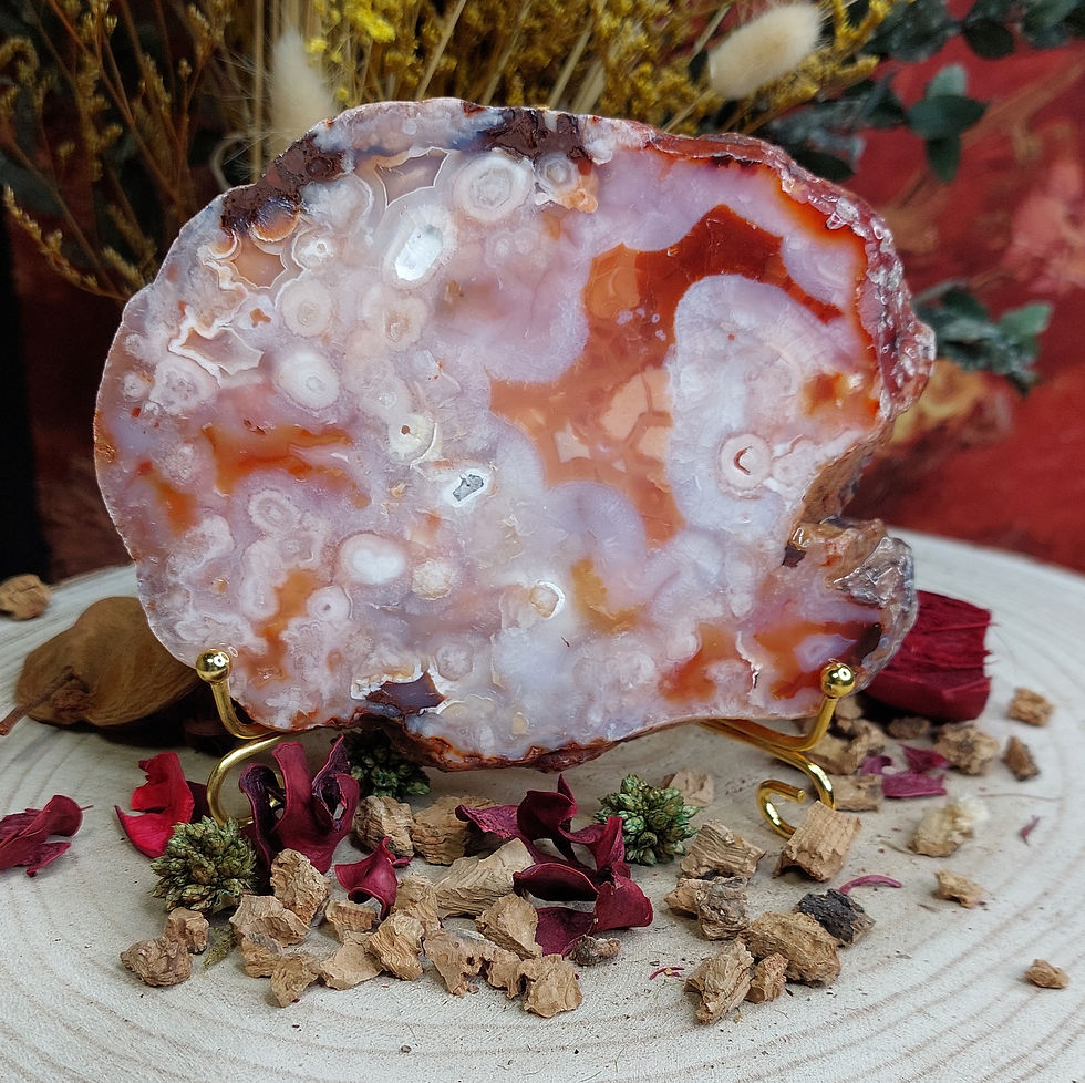 Miniature : Tranche de cornaline, agate rose et agate sakura à bords brutes