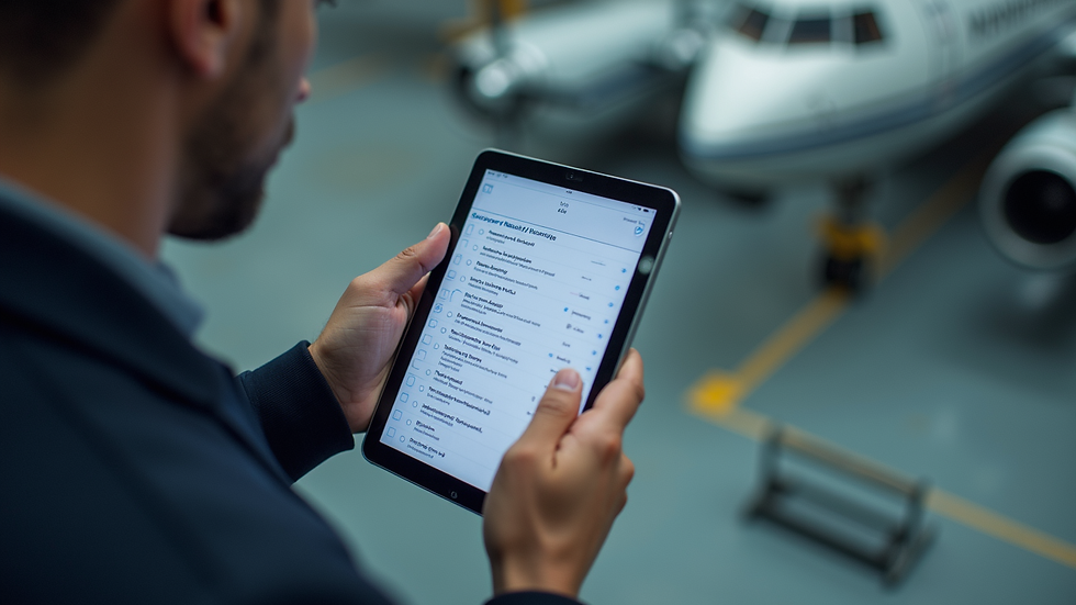 High angle view of an aircraft maintenance technician reviewing safety checklists on a tablet